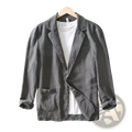 Men casual cotton linen blazer jacket in gray with rolled-up sleeves and front pockets for a stylish look