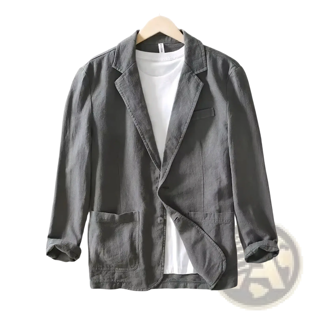 Men casual cotton linen blazer jacket in gray with rolled-up sleeves and front pockets for a stylish look