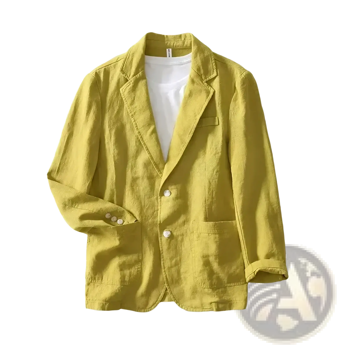 A mustard-yellow men casual cotton linen blazer jacket with relaxed fit, two front buttons, and patch pockets