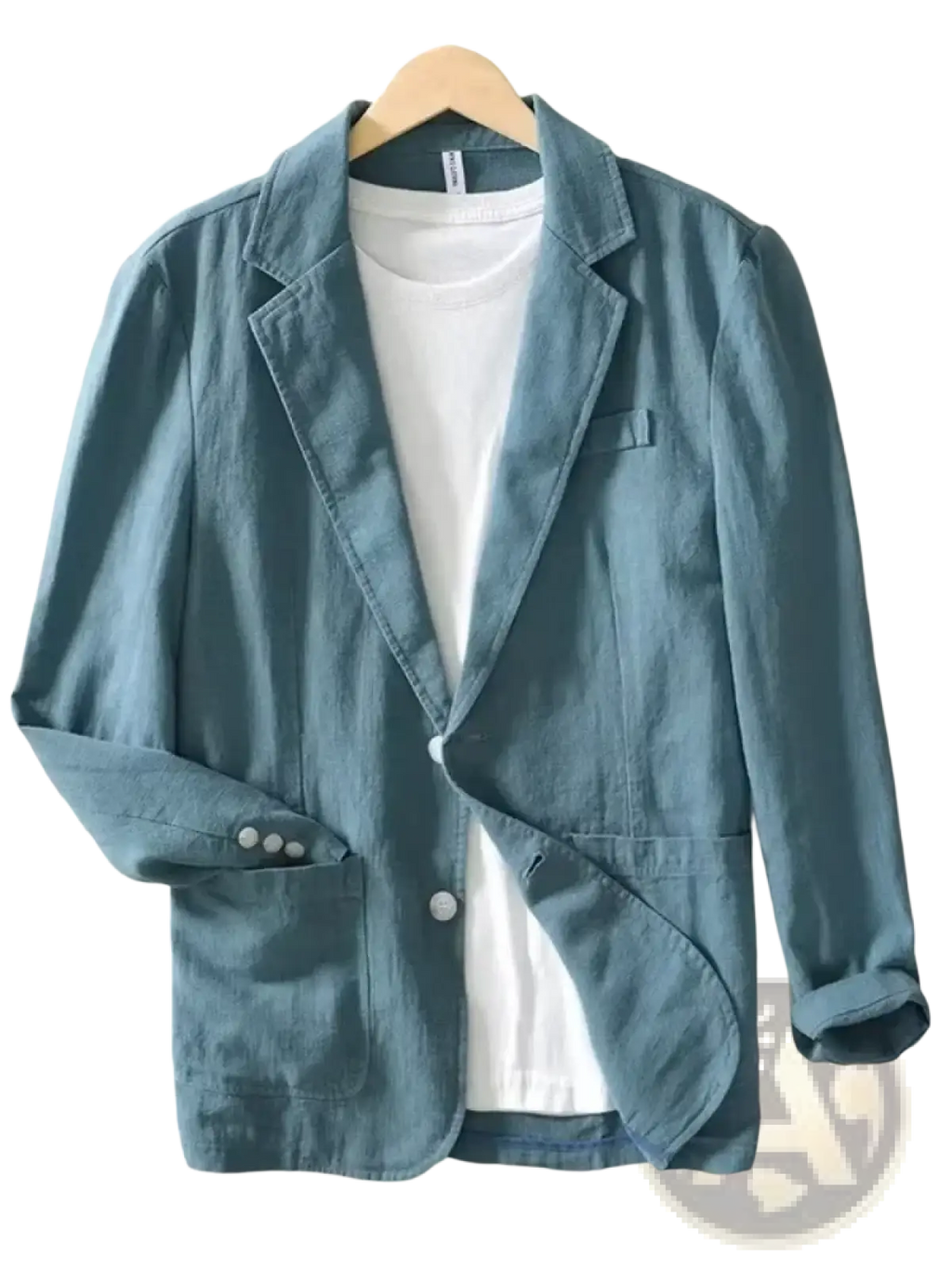 Men casual cotton linen blazer jacket in teal with relaxed fit buttoned cuffs and flap pockets
