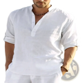 Men casual cotton long sleeve shirt in white linen with button-down front v-neck collar and rolled-up sleeves