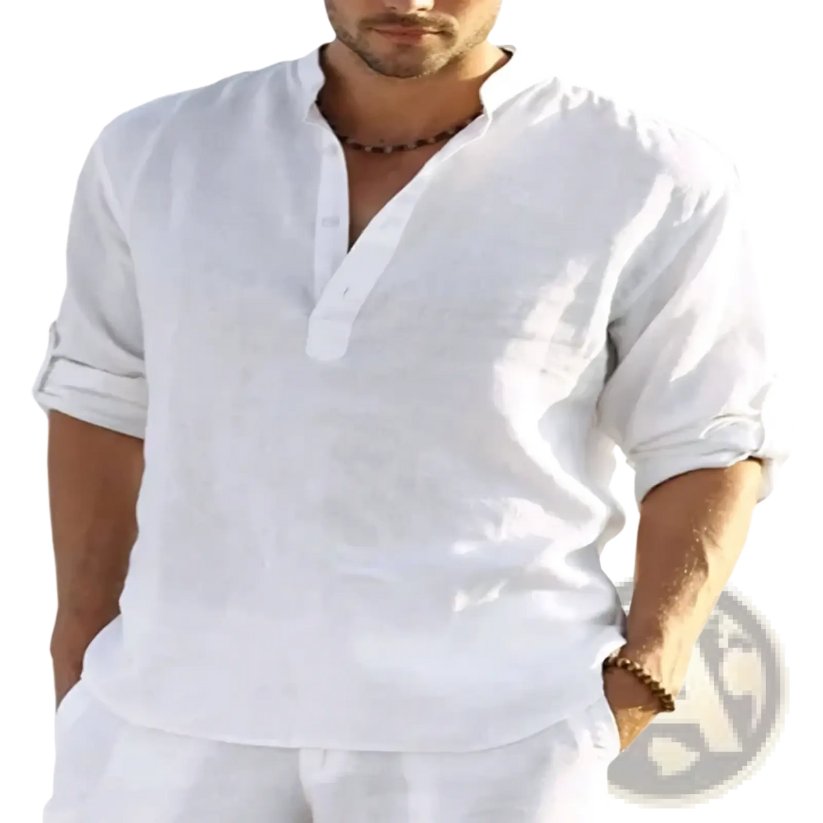 Men casual cotton long sleeve shirt in white linen with button-down front v-neck collar and rolled-up sleeves