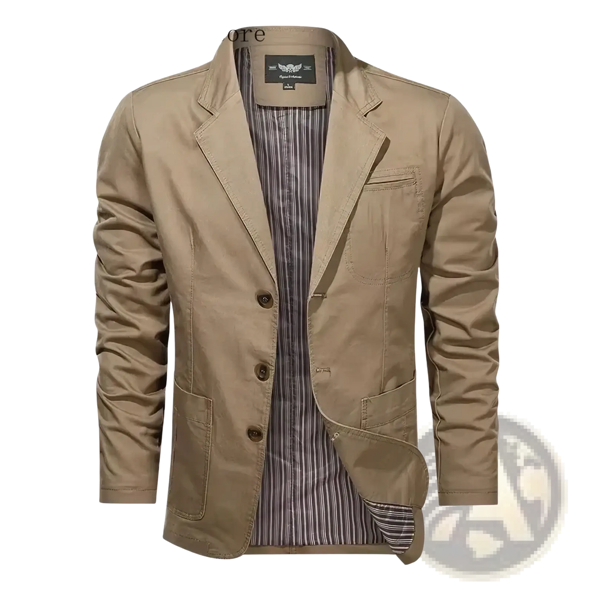 Beige cotton slim fit blazer for men with striped inner lining and three dark brown buttons spring jacket