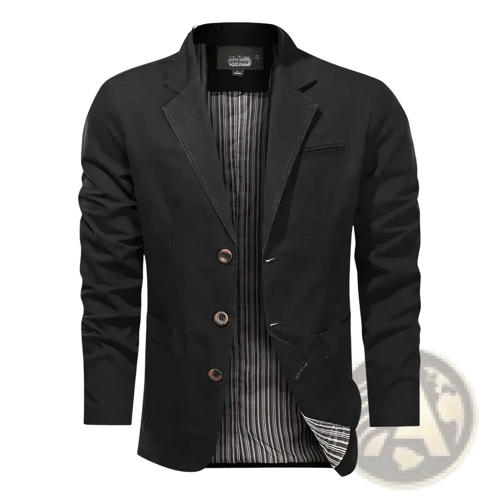 Men casual cotton slim fit blazer spring jacket in black with striped interior lining and three matching buttons