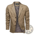 Beige cotton slim fit blazer for men with three dark brown buttons and striped inner lining for casual spring wear