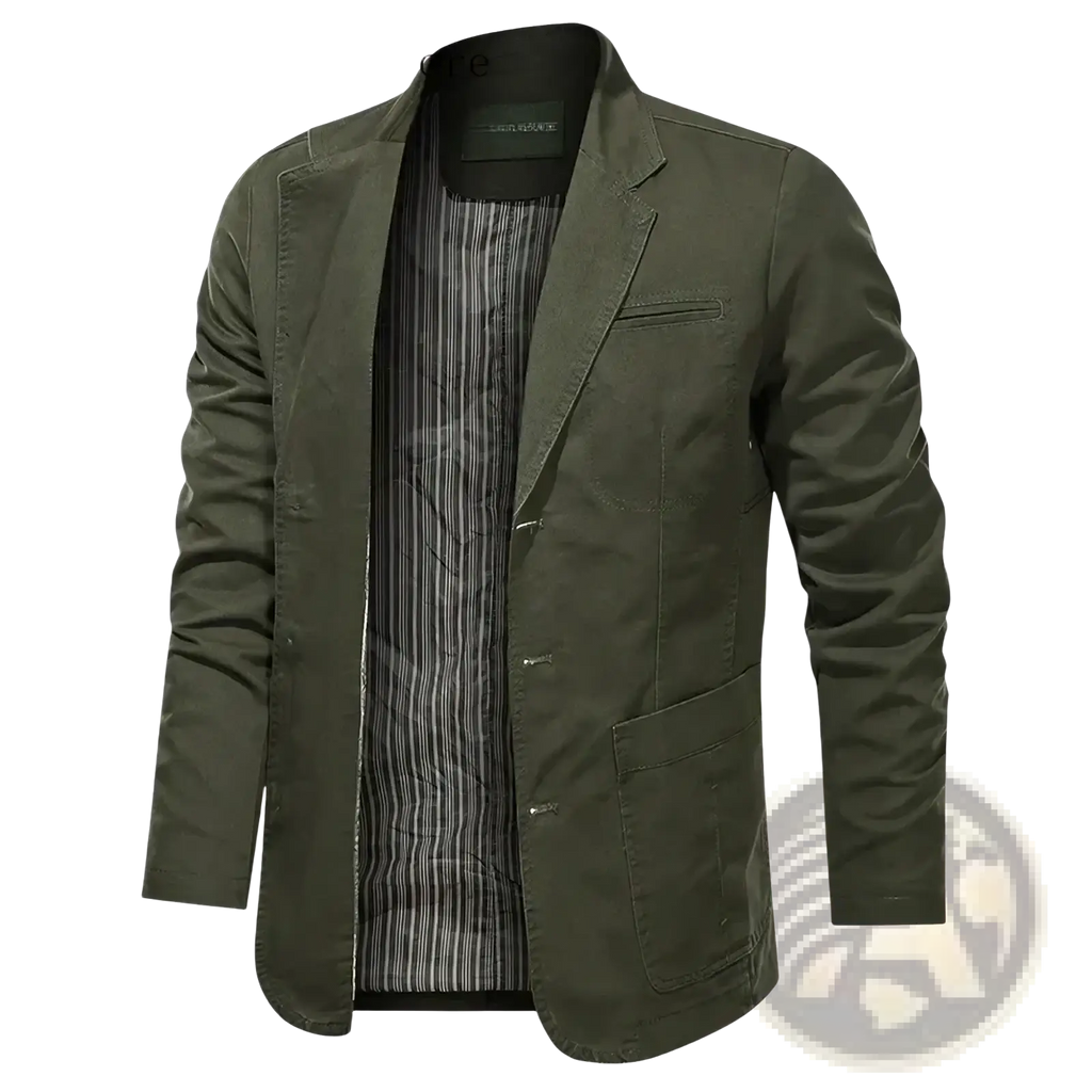 Olive green men casual cotton slim fit blazer with striped inner lining and two front pockets for spring jacket use