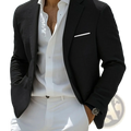 Men casual digital print suit two piece set featuring a black tailored blazer with a modern cut and white pocket square