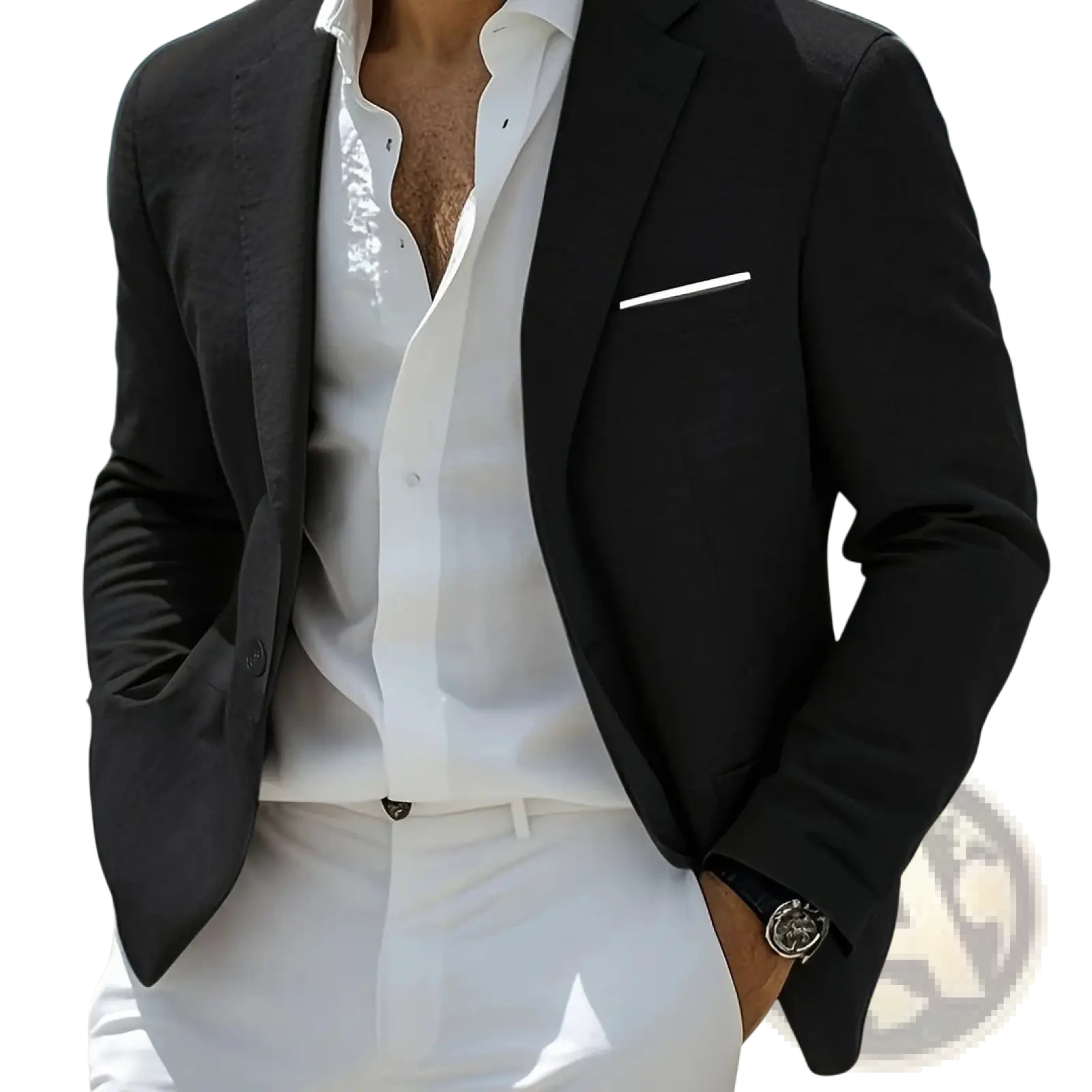 Men casual digital print suit two piece set featuring a black tailored blazer with a modern cut and white pocket square