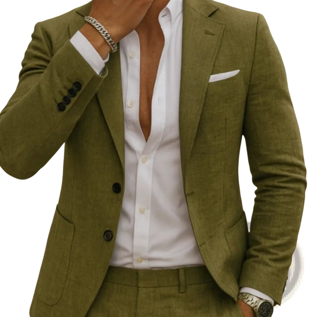 Men casual digital print suit two piece set featuring olive green textured blazer with white shirt and matching pants