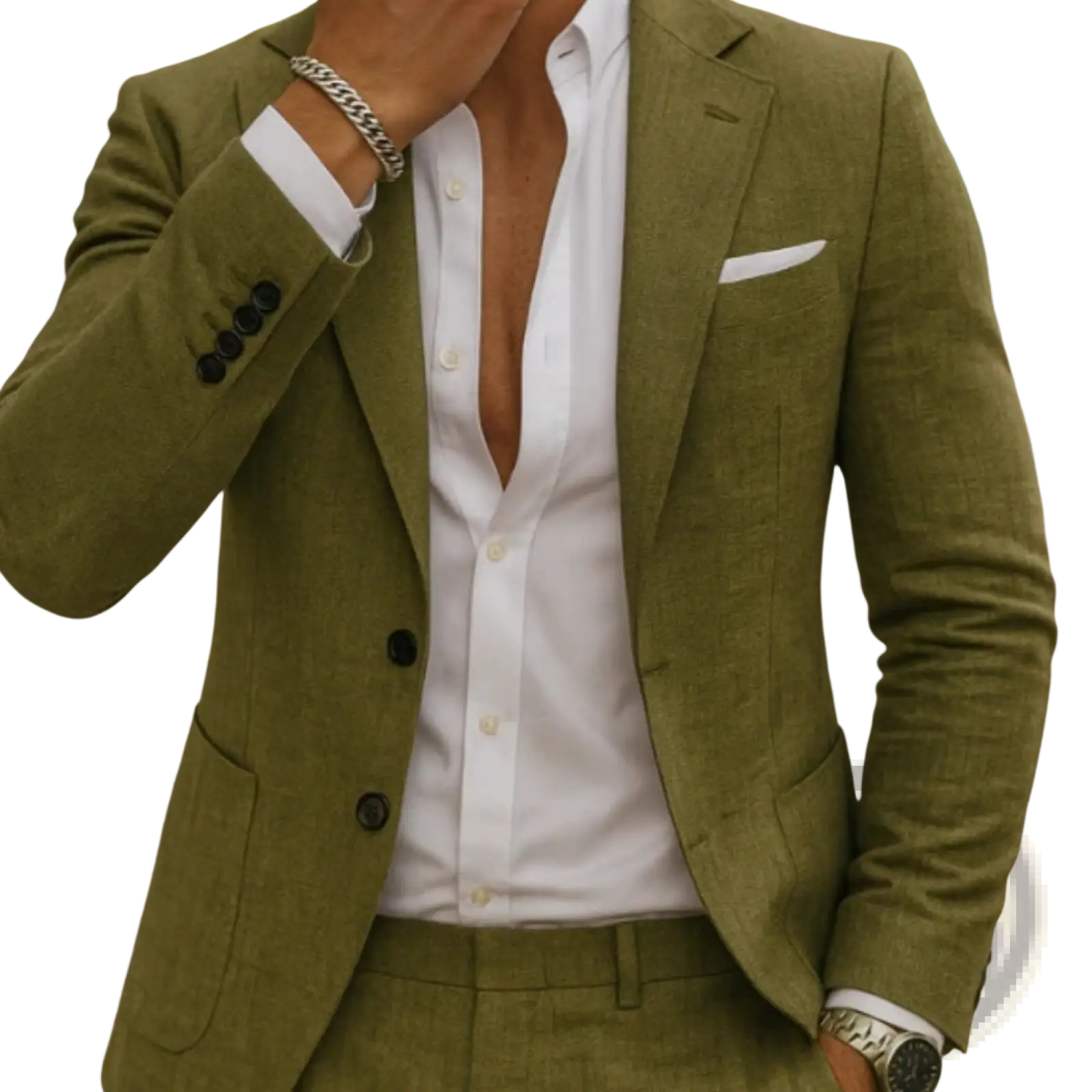 Men casual digital print suit two piece set featuring olive green textured blazer with white shirt and matching pants