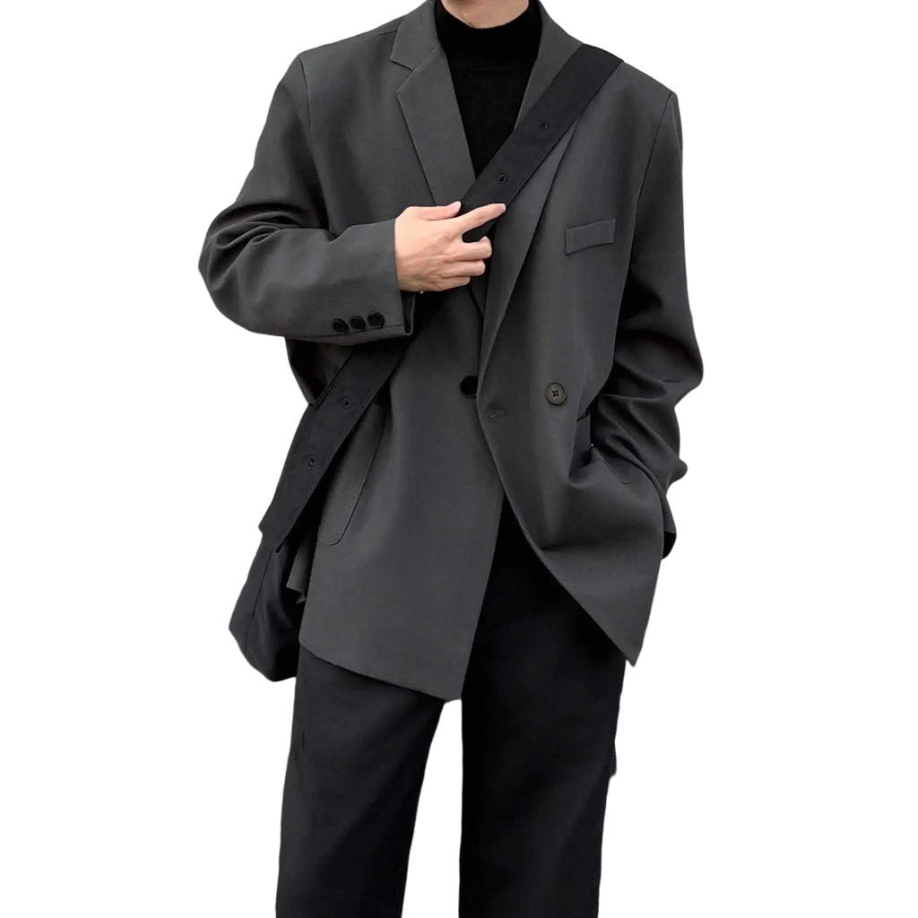 Dark gray men casual double breasted polyester blazer with black lapel trim and matching buttons