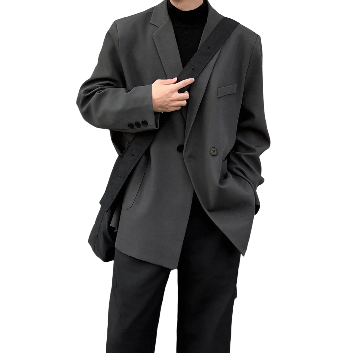 Dark gray men casual double breasted polyester blazer with black lapel trim and matching buttons
