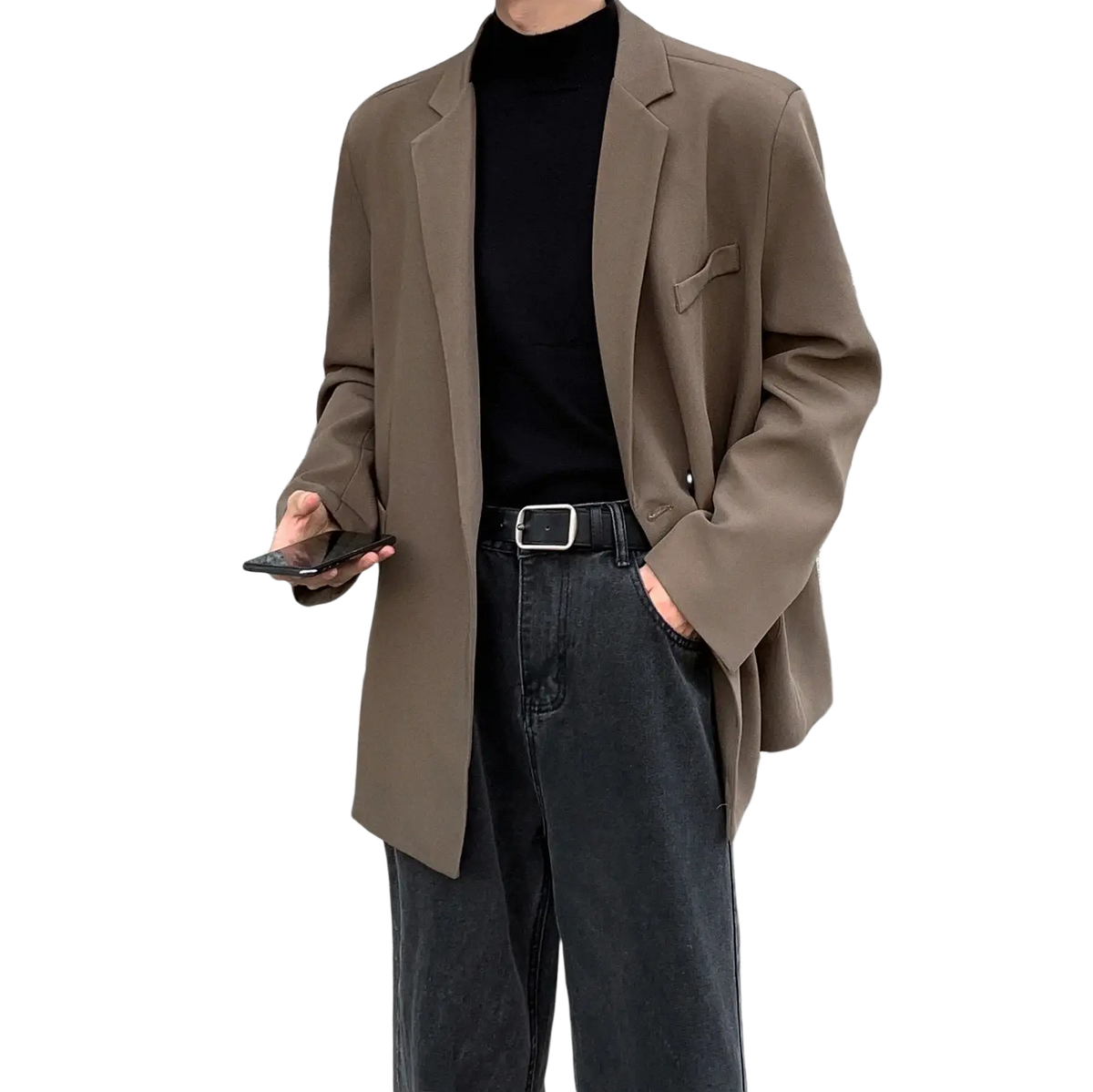 Men casual double breasted blazer polyester suit jacket in tailored oversized brown with structured relaxed fit
