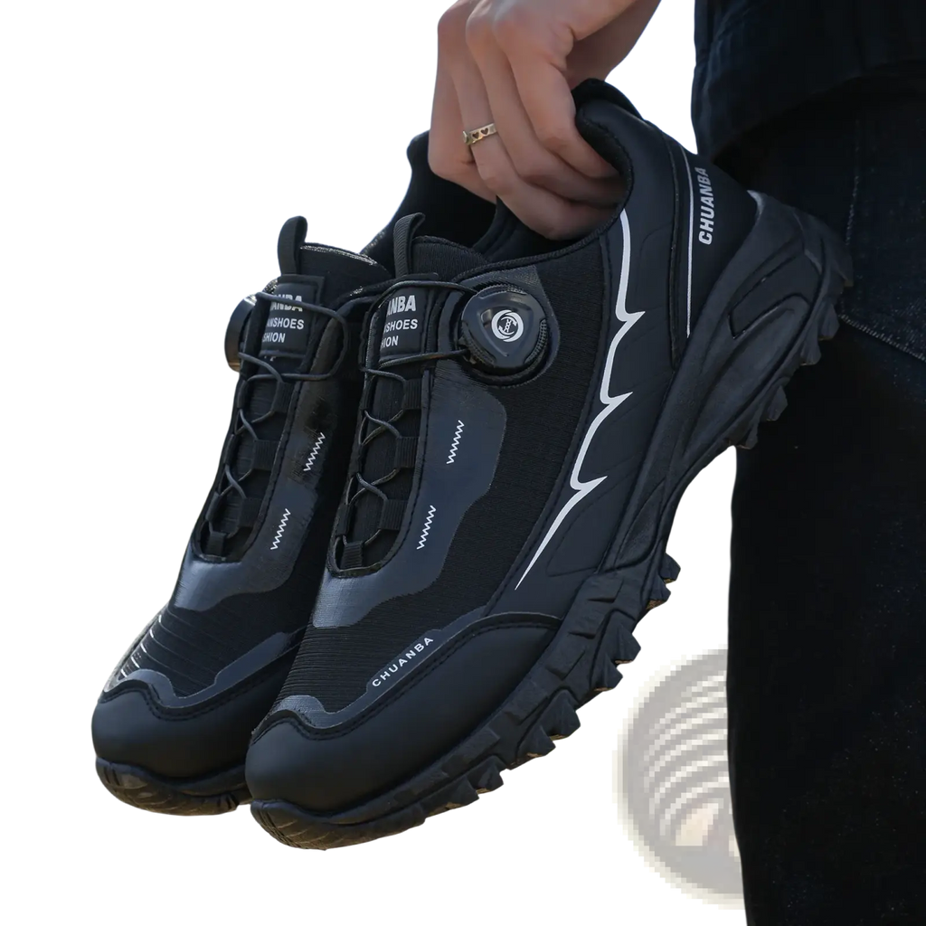Men casual hiking sneakers black lightweight breathable with white lightning bolt accents and circular buckle closure