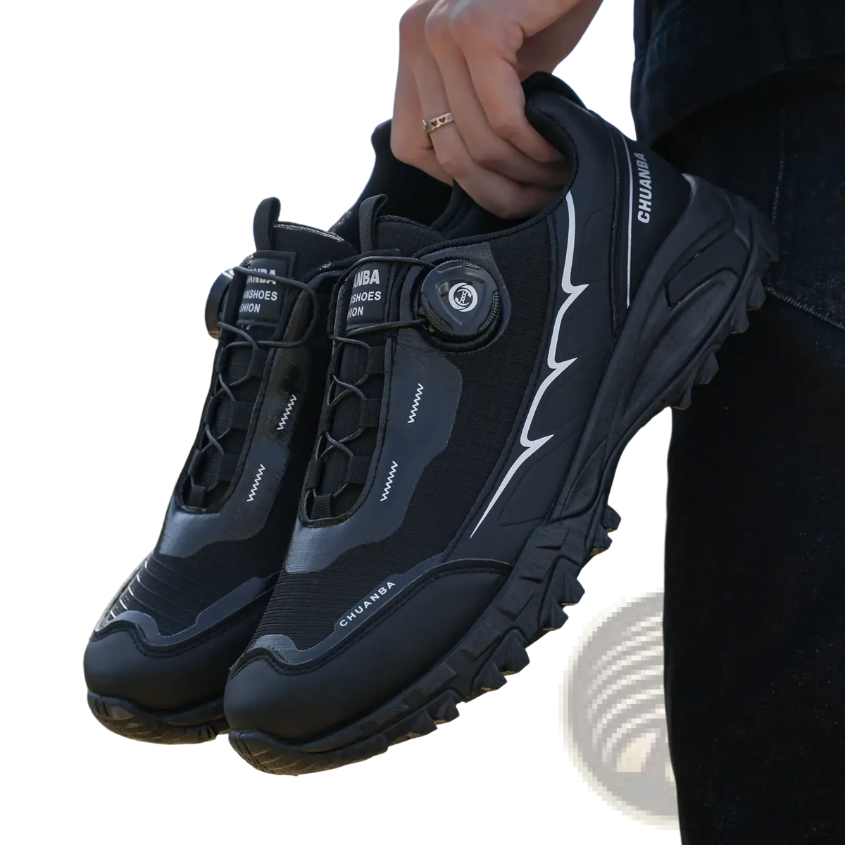 Men casual hiking sneakers black lightweight breathable with white lightning bolt accents and circular buckle closure