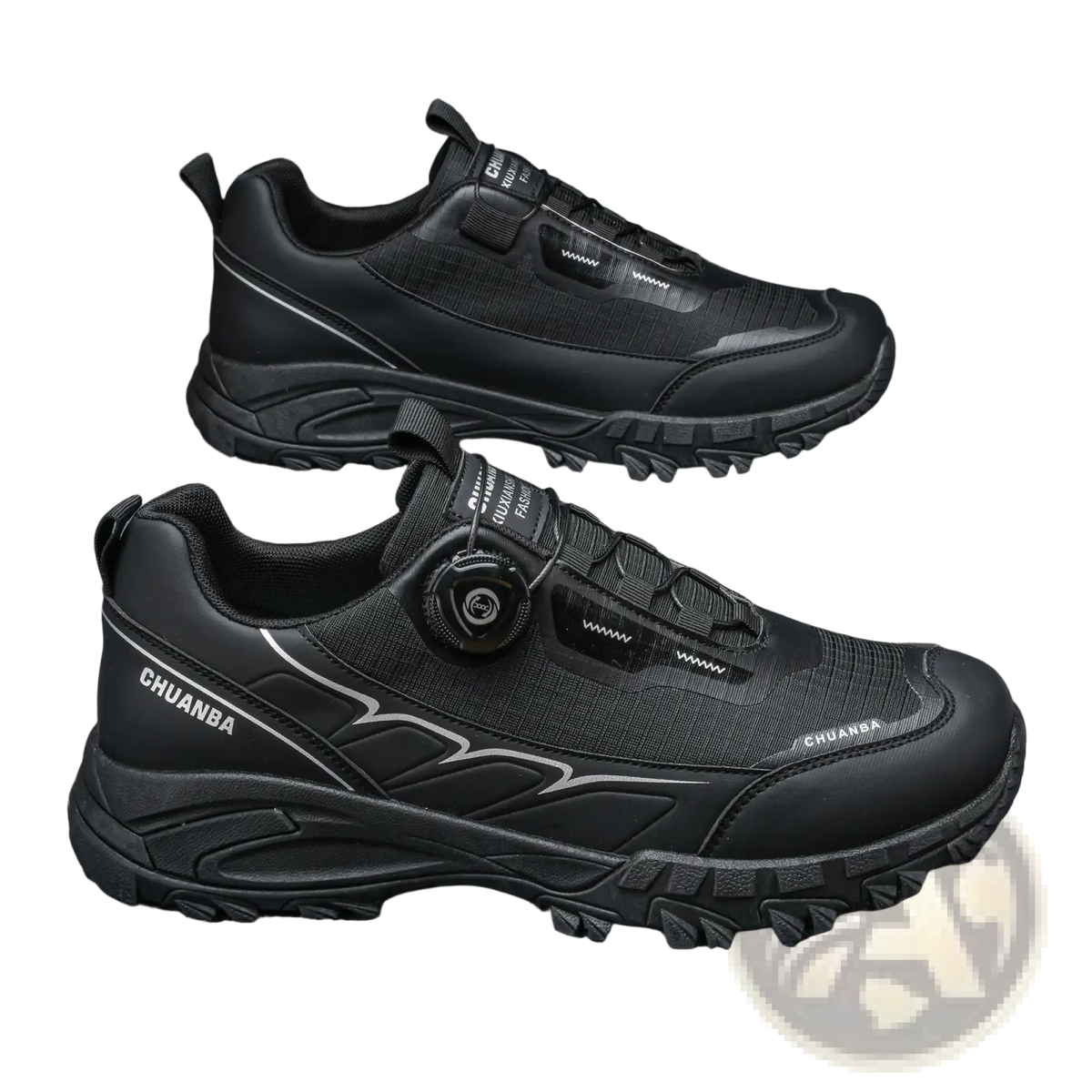 Men casual hiking sneakers in black featuring lightweight breathable material rugged chunky soles and adjustable velcro straps with silver accents