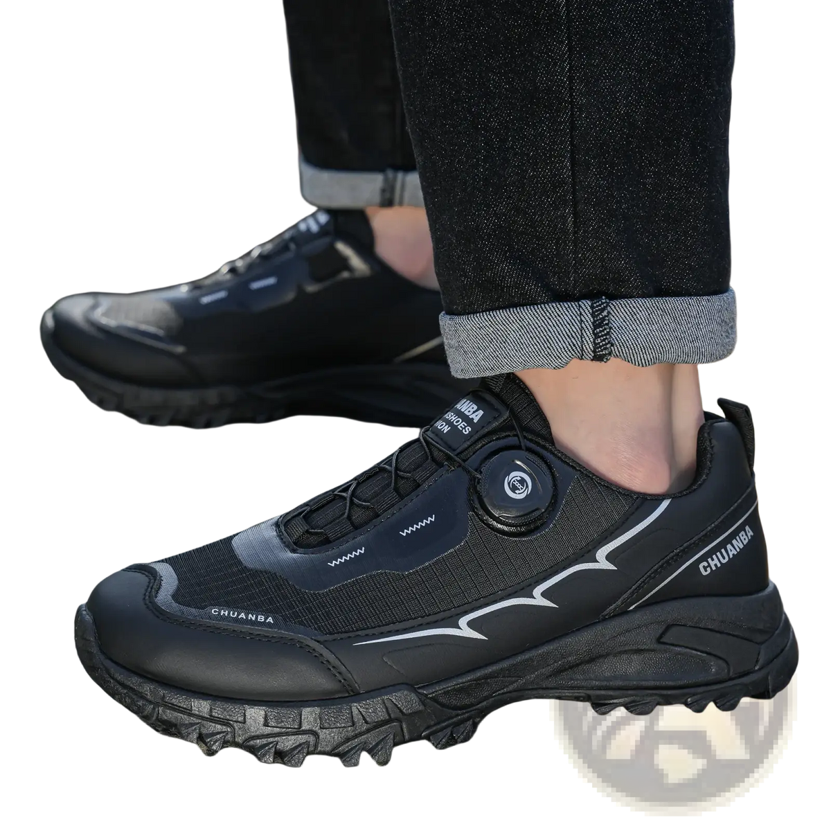 Men casual hiking sneakers black with white accent stitching and circular dial closure system for lightweight breathability