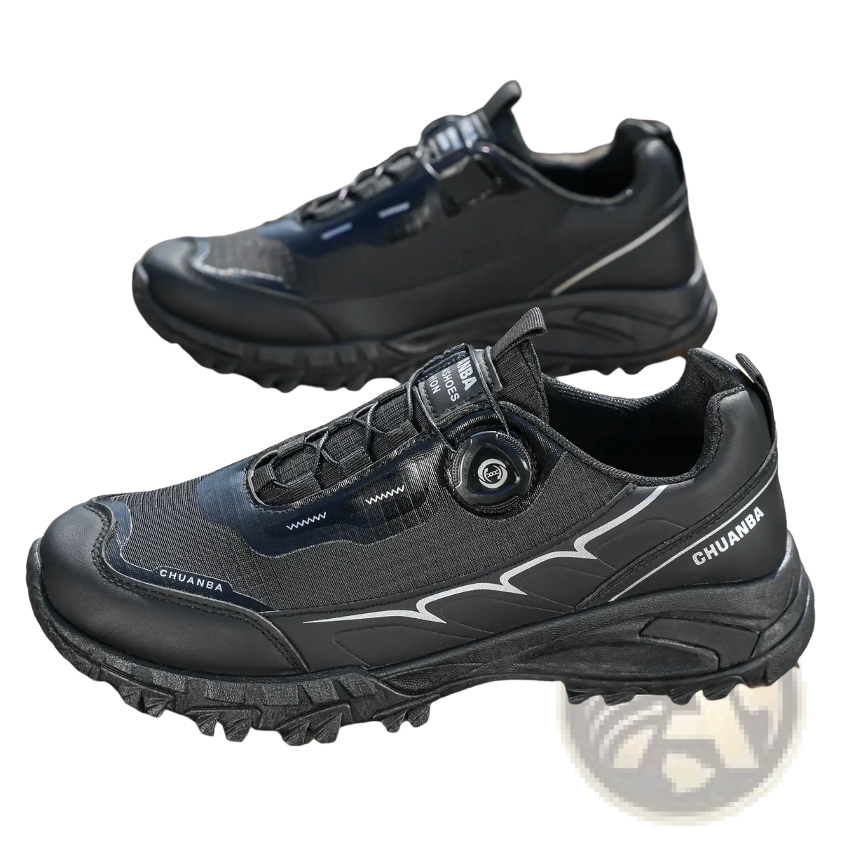 Men casual hiking sneakers lightweight breathable shoes in black with white stitching and circular buckle closure system