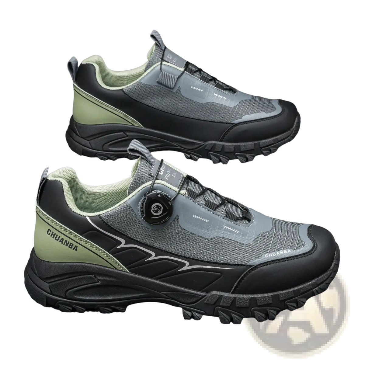 Men casual hiking sneakers gray and black breathable lightweight chuanba shoes with rotating buckle closure system