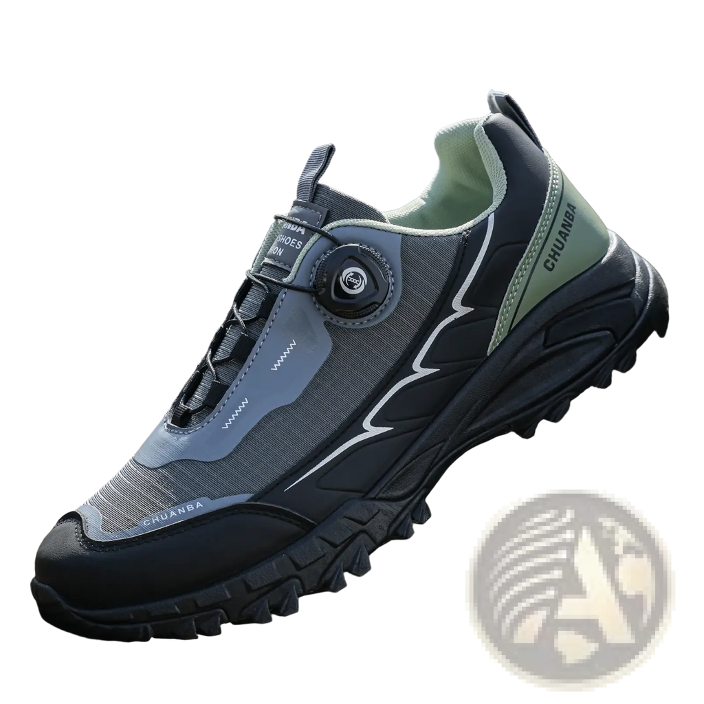 Men casual hiking sneakers gray and black chuanba with mesh fabric upper white stitching and rugged rubber sole