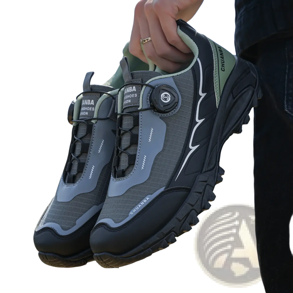 Men casual hiking sneakers gray and black chuanba shoes with lightweight breathable material and rotating buckle closure system