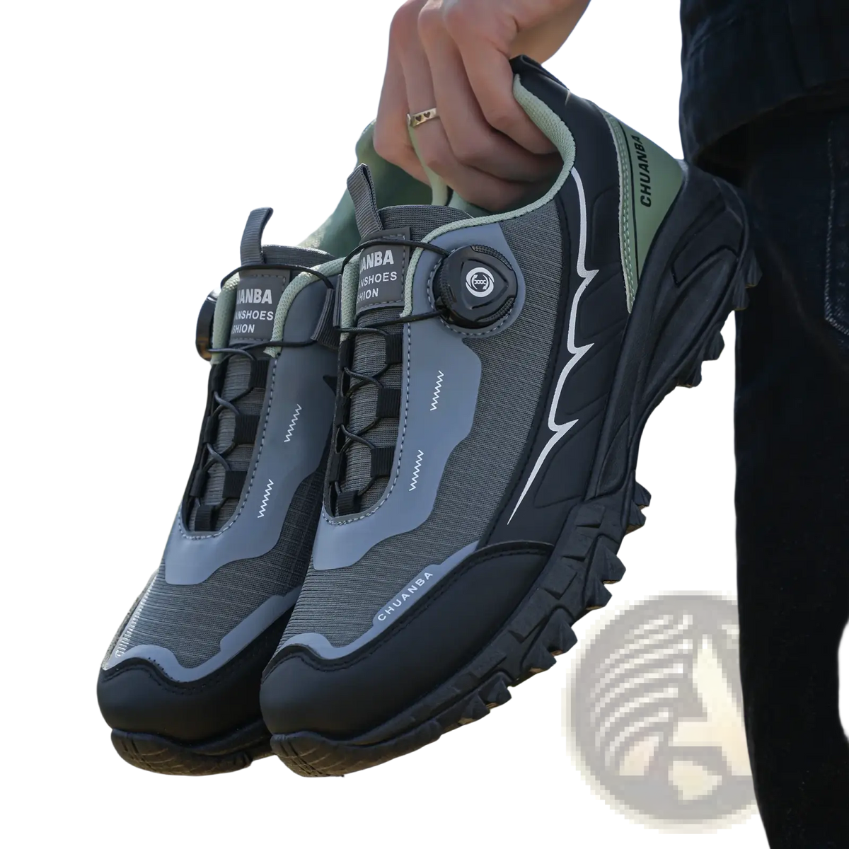 Men casual hiking sneakers gray and black chuanba shoes with lightweight breathable material and rotating buckle closure system