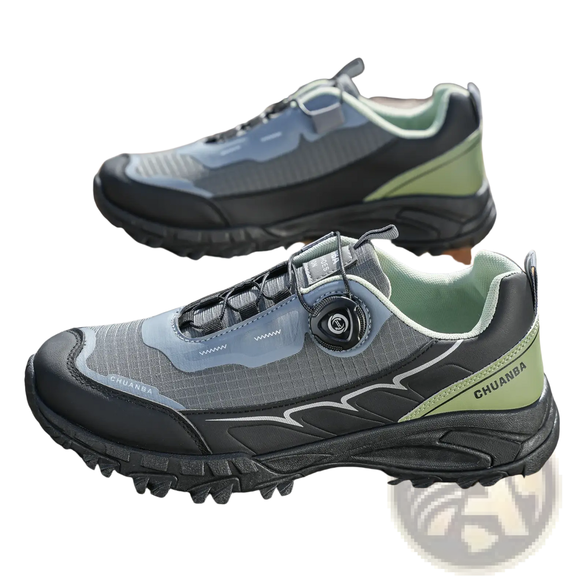 Men casual hiking sneakers lightweight breathable gray and black chuanba shoe with lime green accent and quick-lace system