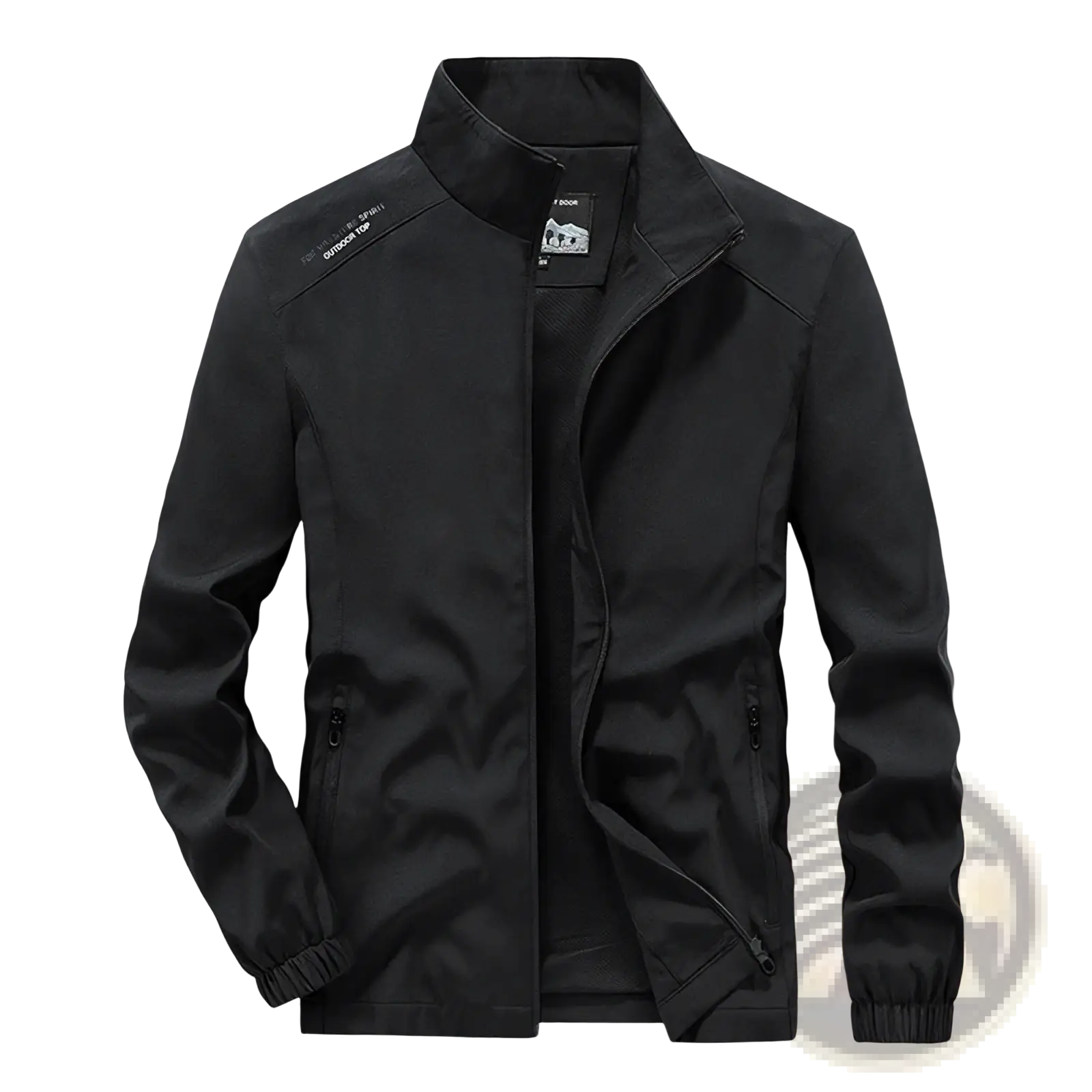 Black sleek modern men casual jacket lightweight outdoor windbreaker with high collar and zippered pockets