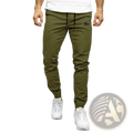 Olive green men casual jogger pants with black drawstring and small black thigh patch quick dry tapered trousers