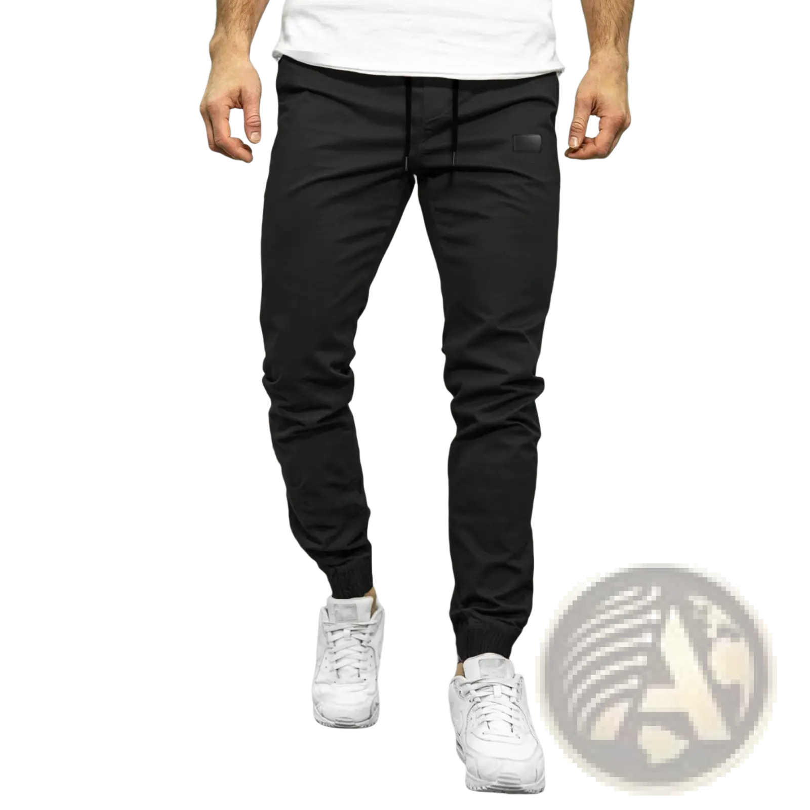 Men casual jogger pants in black with a drawstring waist made from soft stretchy quick dry fabric and tapered legs