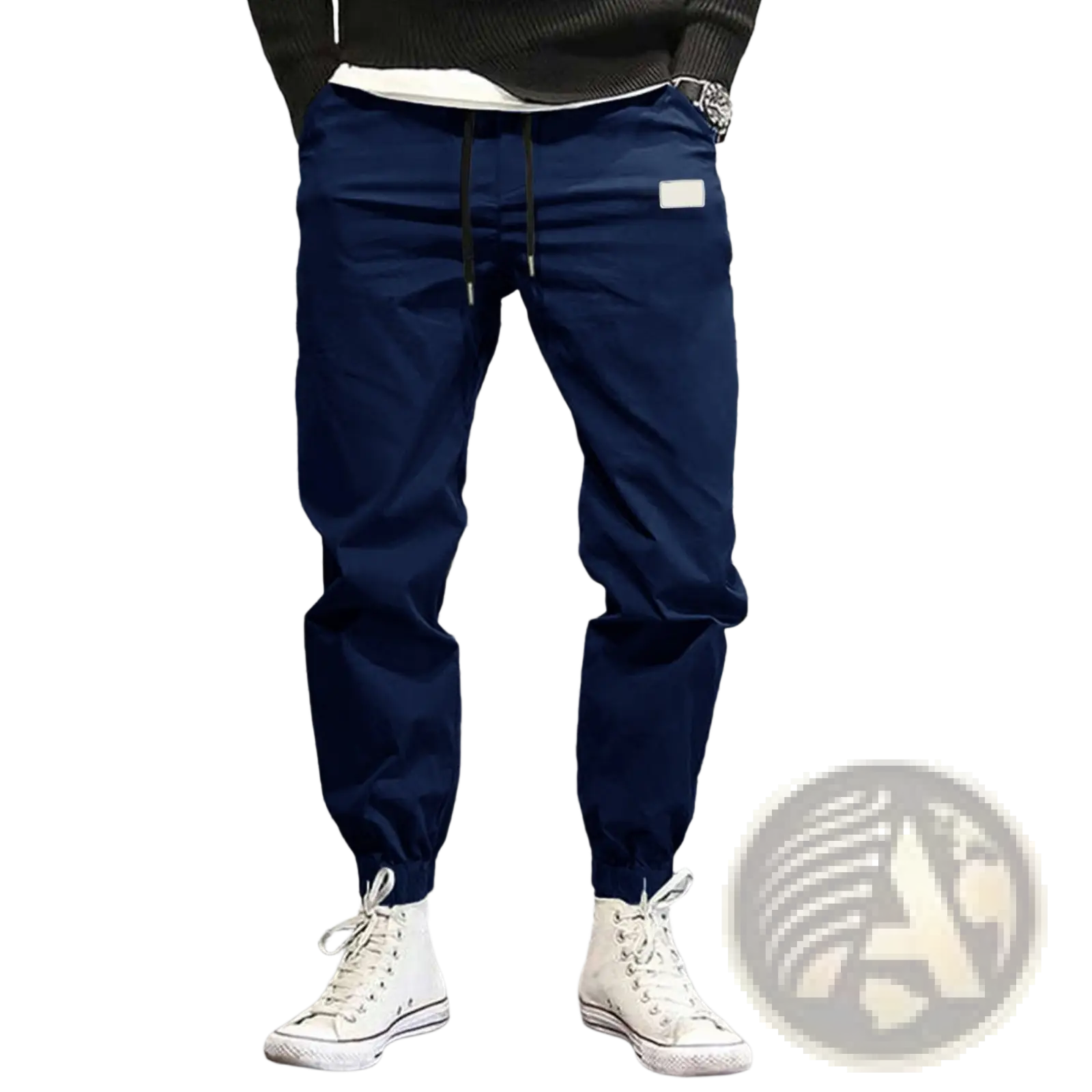Navy blue men casual jogger pants with quick dry fabric tapered fit and white rectangular patch on thigh