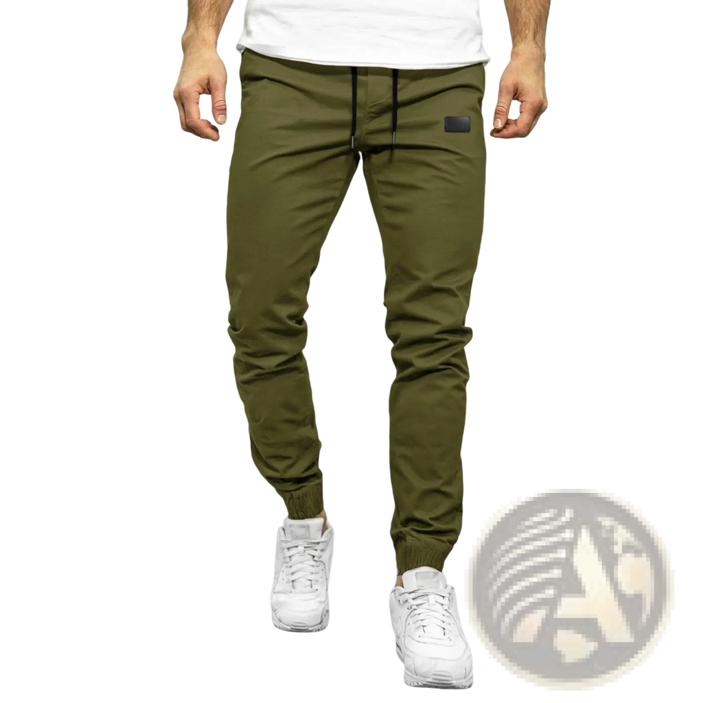 Olive green men casual jogger pants with black drawstring and small black thigh patch quick dry tapered trousers