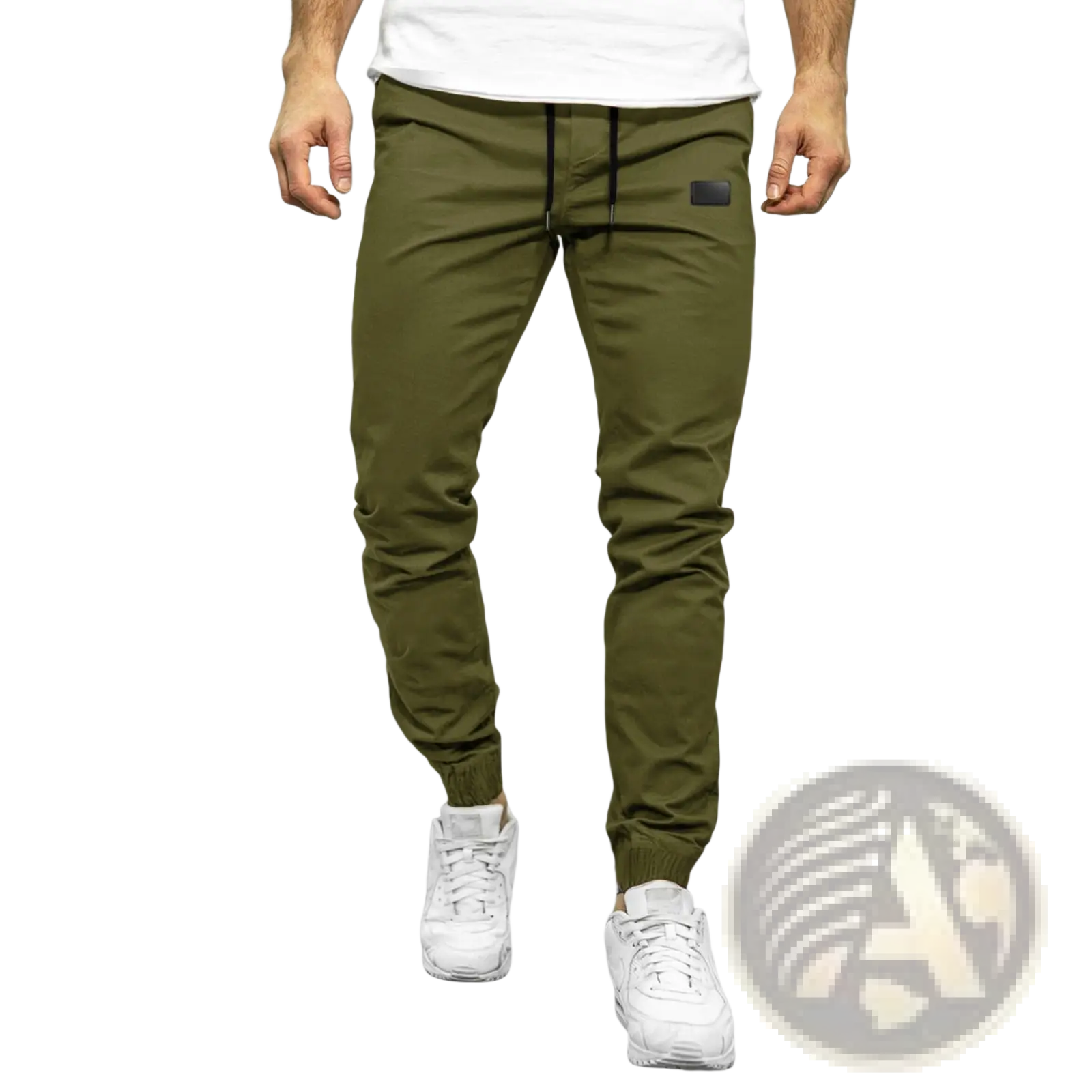 Olive green men casual jogger pants with black drawstring and small black thigh patch quick dry tapered trousers