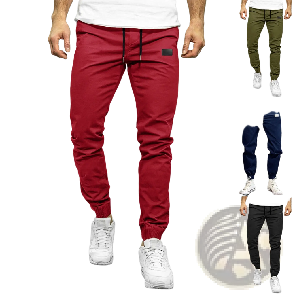 Men casual jogger pants in red with black drawstring and rectangular thigh patch made of quick dry tapered fabric