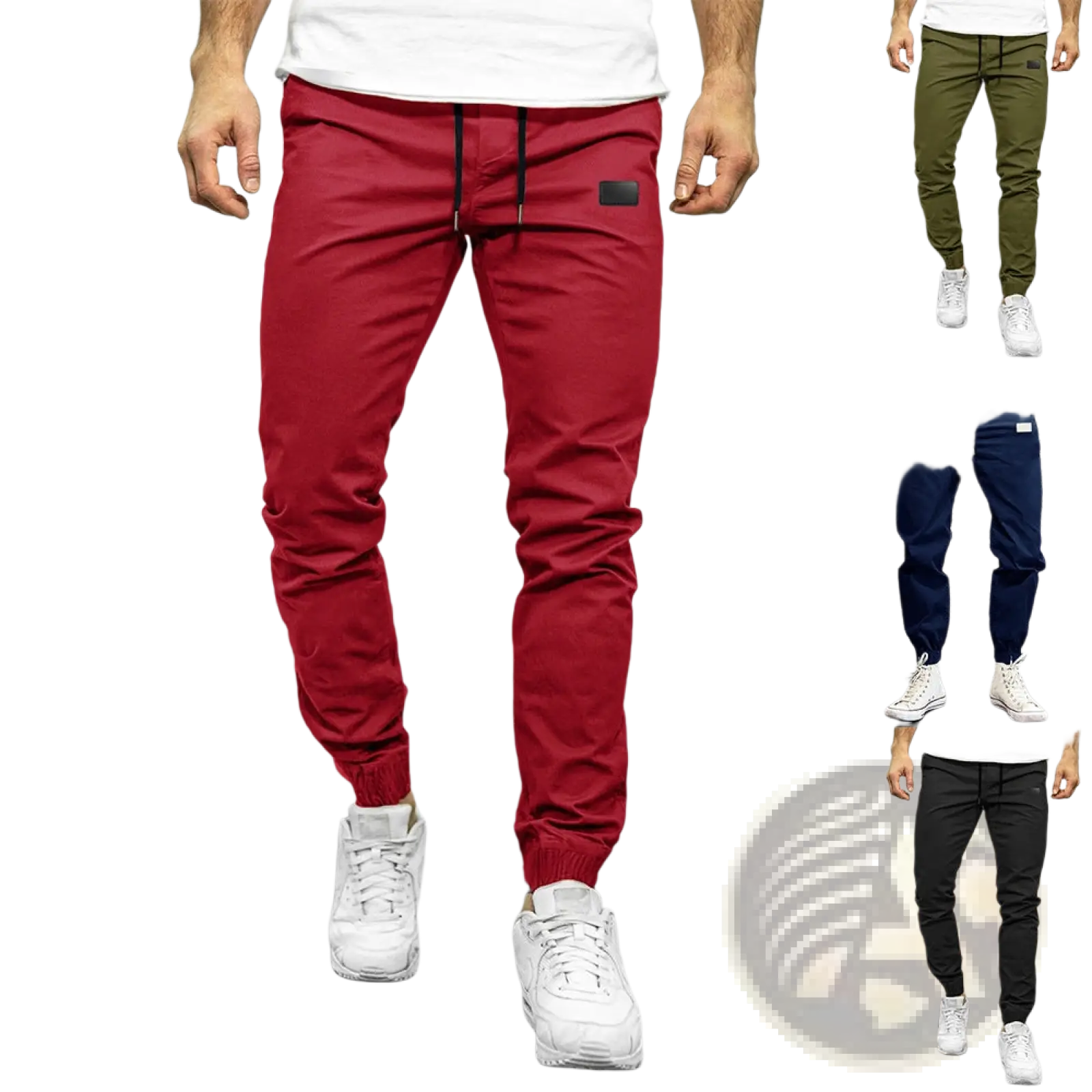 Men casual jogger pants in red with black drawstring and rectangular thigh patch made of quick dry tapered fabric