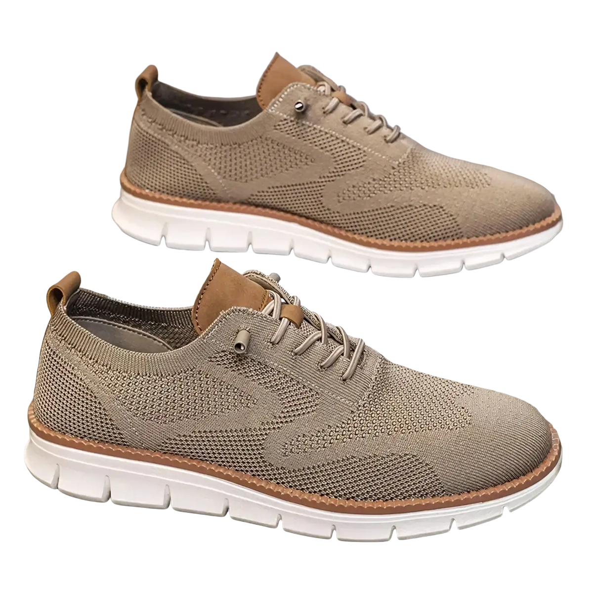 Men casual knit brogue sneakers in beige with lace-up design, white rubber sole, and tan leather accents