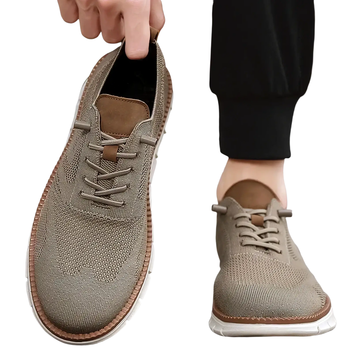 Men casual knit brogue sneaker in beige with brown leather accents and white rubber sole for everyday wear