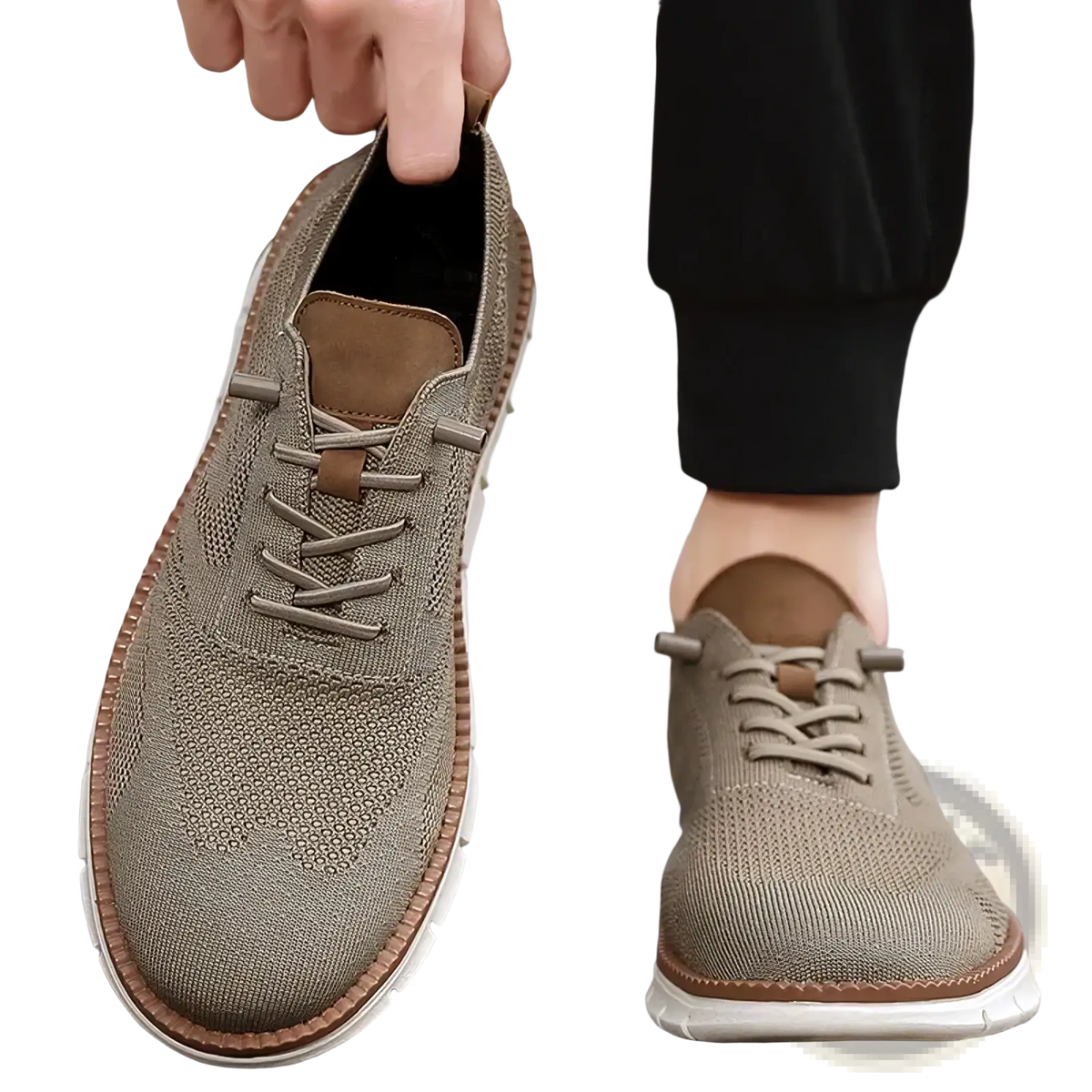 Men casual knit brogue sneaker in beige with brown leather accents and white rubber sole for everyday wear