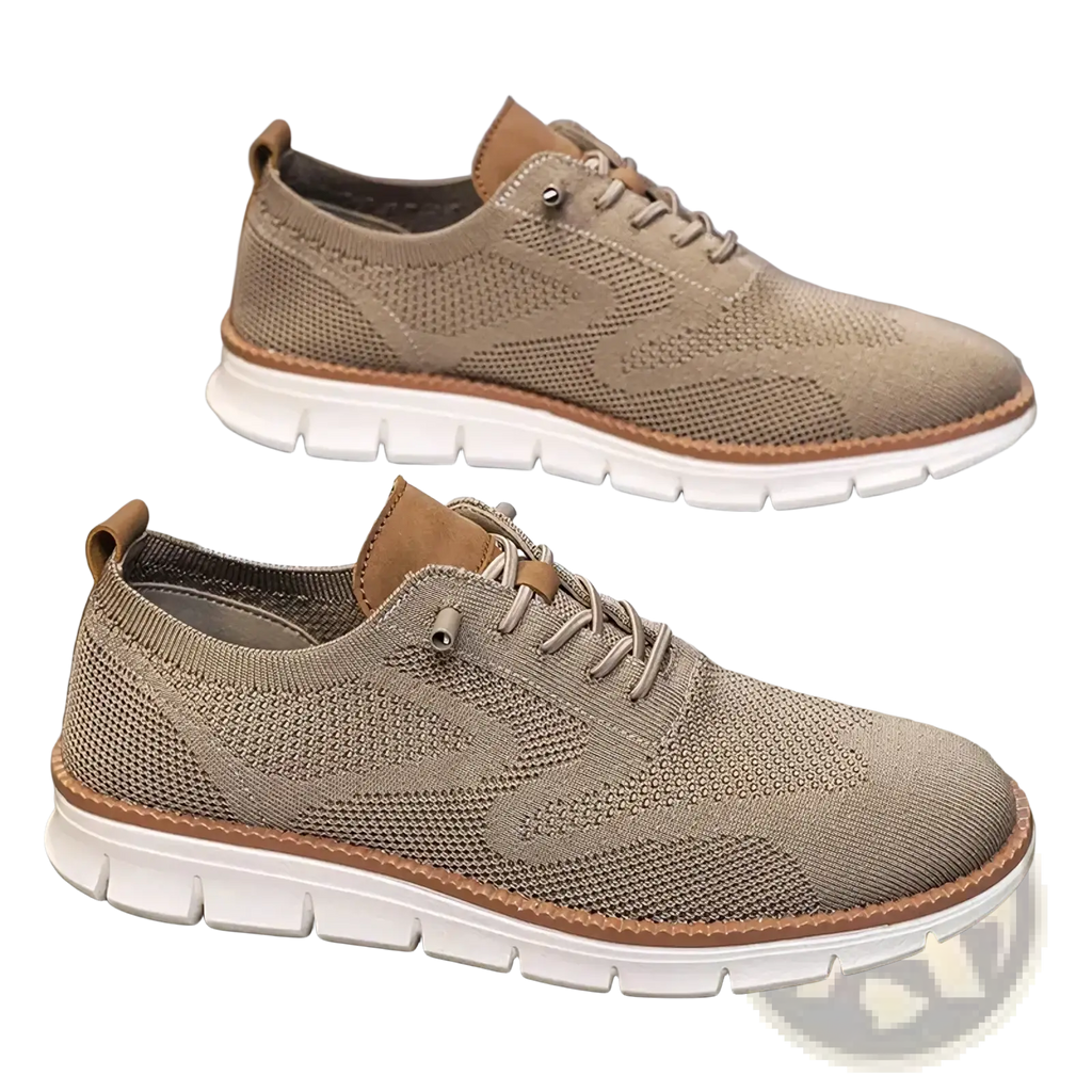 Men casual knit brogue sneakers in beige with lace-up design, white rubber sole, and tan leather accents