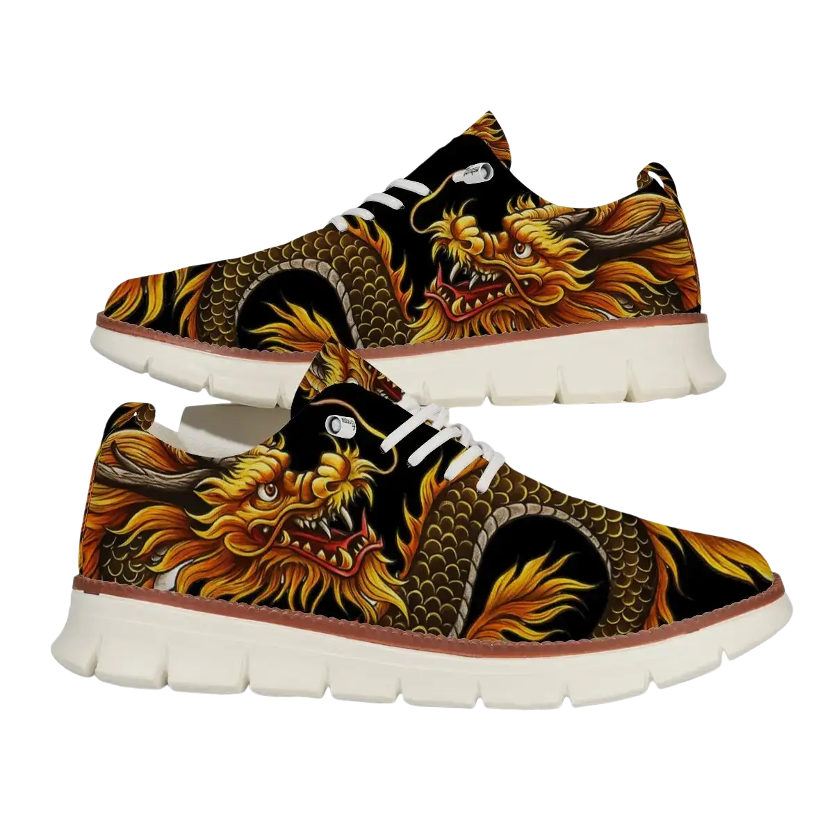 Men casual knit brogue sneakers featuring black and gold dragon design with white laces and chunky white sole