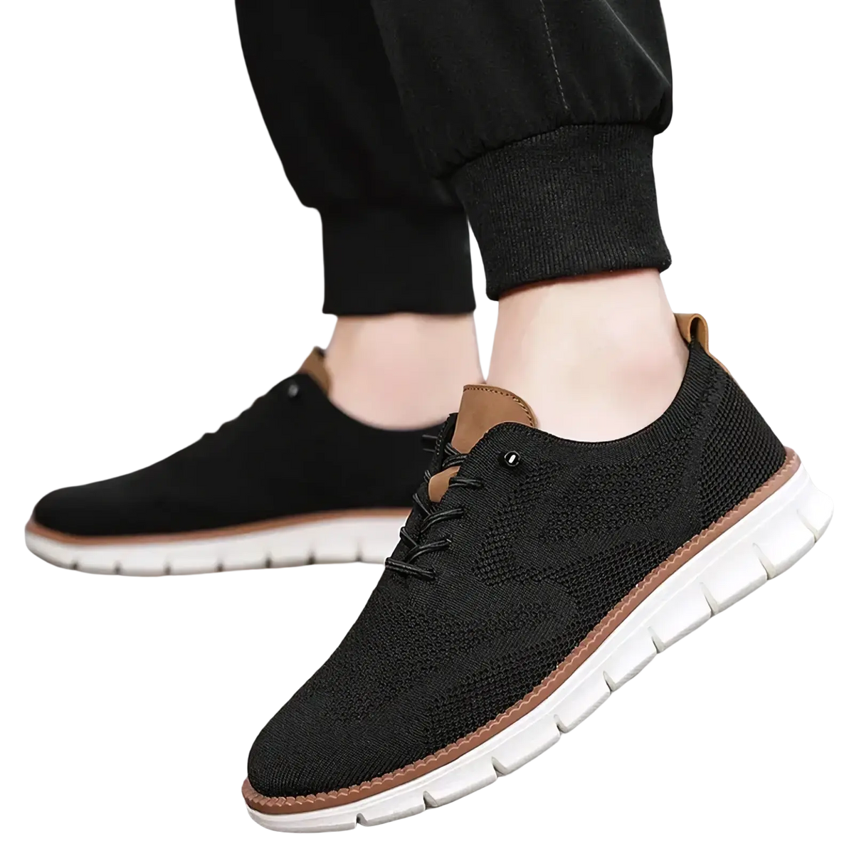 Men casual knit brogue sneakers in black with tan leather accents and a white rubber sole for everyday wear