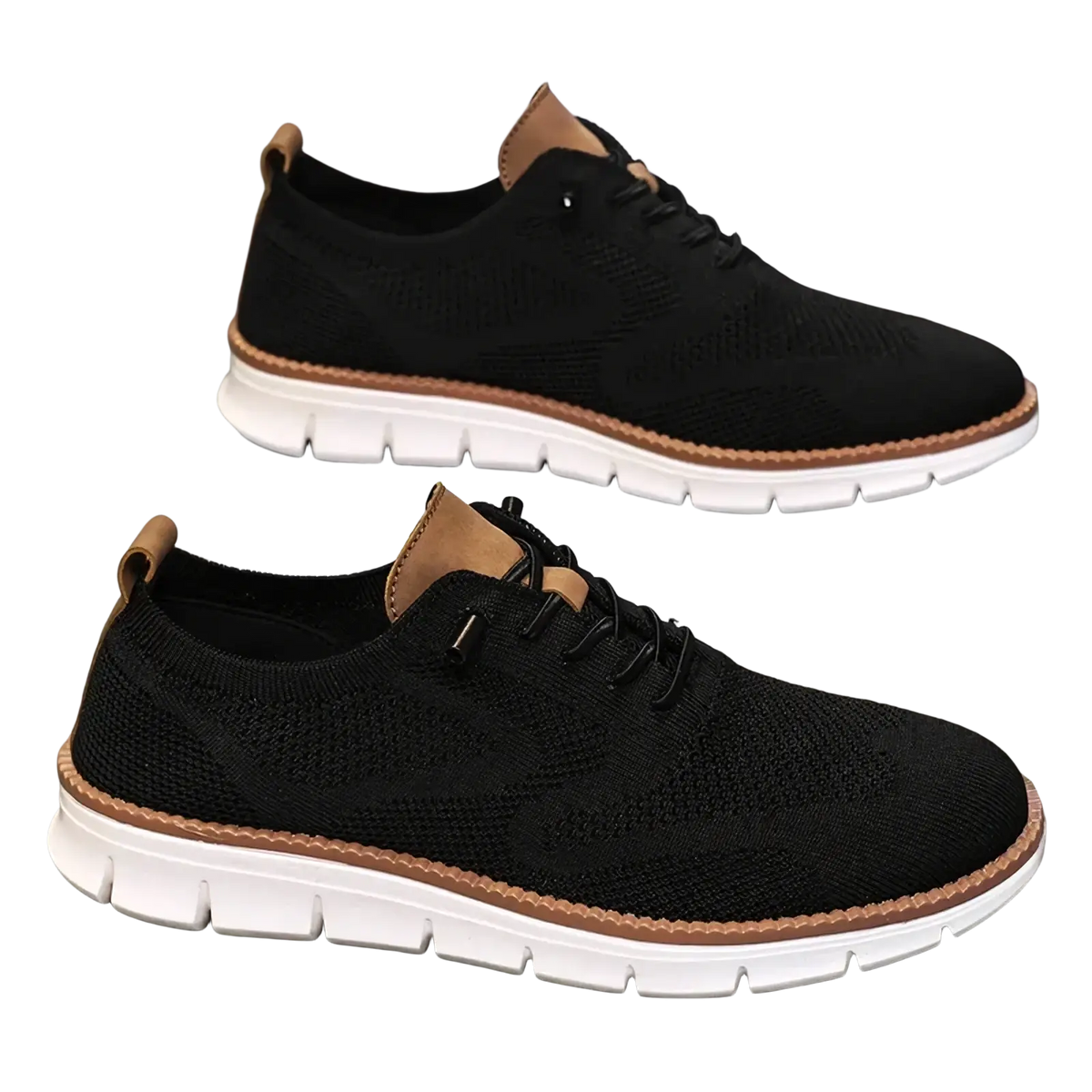 Men casual knit brogue sneakers in black with tan leather accents and white rubber sole for everyday wear