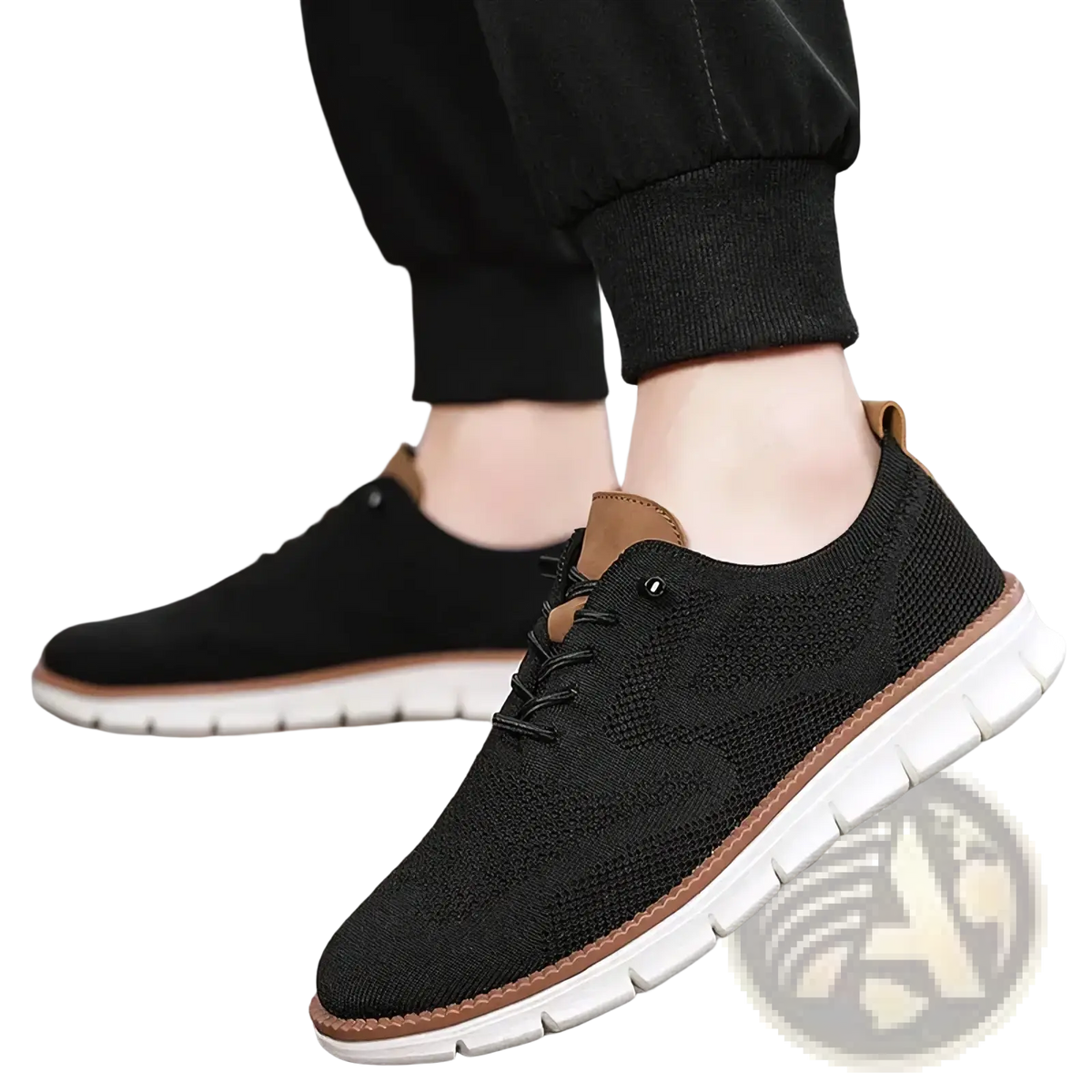 Men casual knit brogue sneakers in black with tan leather accents and a white rubber sole for everyday wear