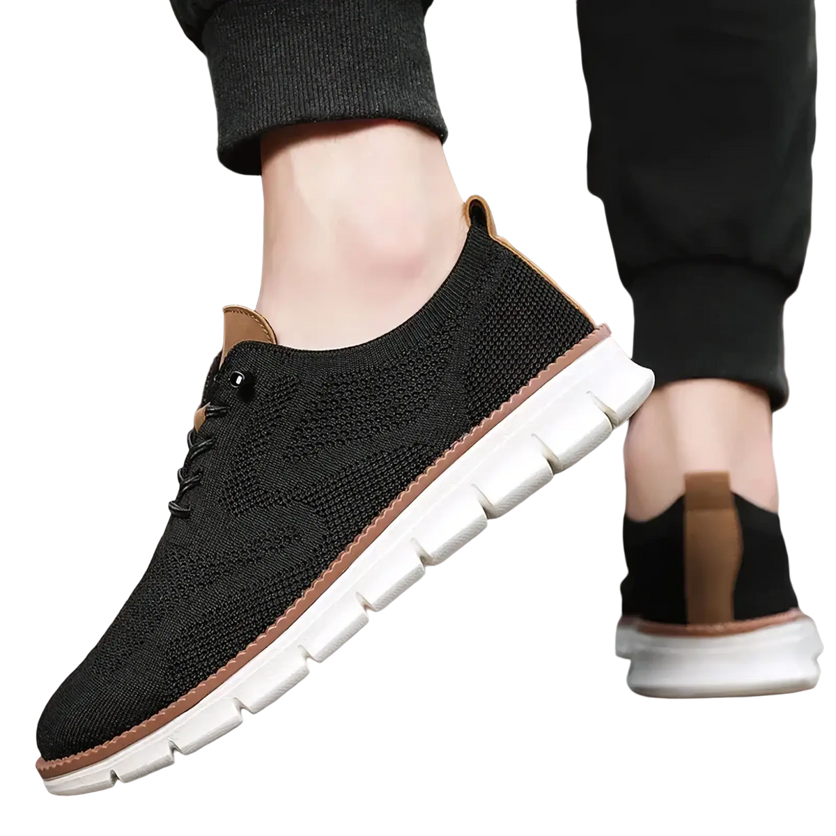 Men casual knit brogue sneakers black knit with tan leather accents and white rubber sole for everyday wear