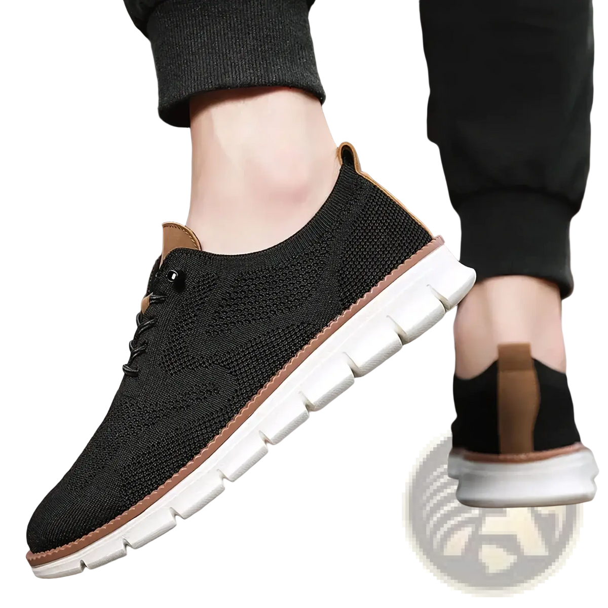Men casual knit brogue sneakers black knit with tan leather accents and white rubber sole for everyday wear