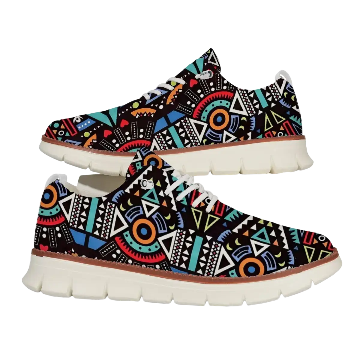 Men casual knit brogue sneakers in black with vibrant teal orange blue and white geometric tribal pattern and cream sole