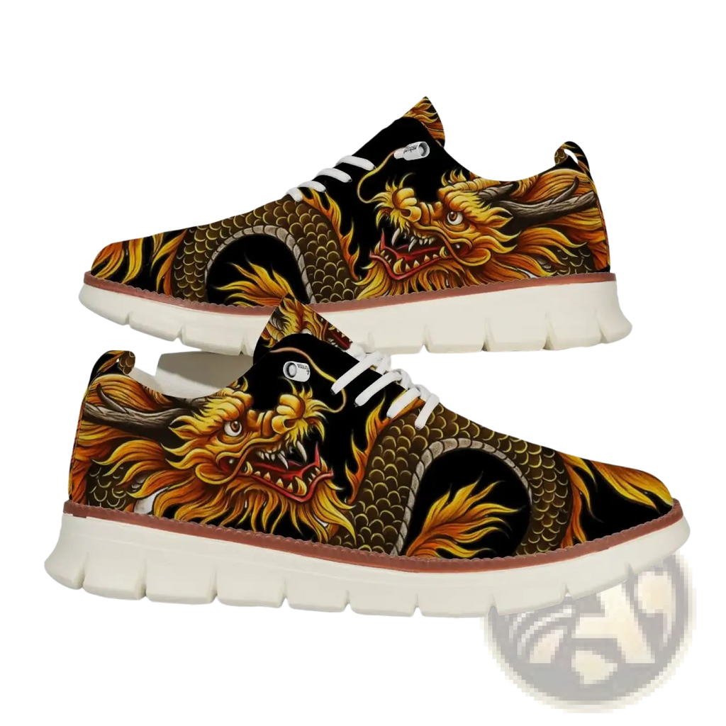 Men casual knit brogue sneakers featuring black and gold dragon design with white laces and chunky white sole