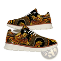 Men casual knit brogue sneakers featuring black and gold dragon design with white laces and chunky white sole
