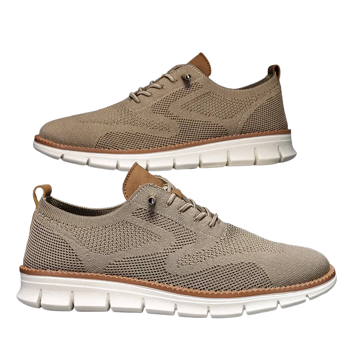 Men casual knit brogue sneakers in tan with lace-up design white rubber sole and brown leather accents