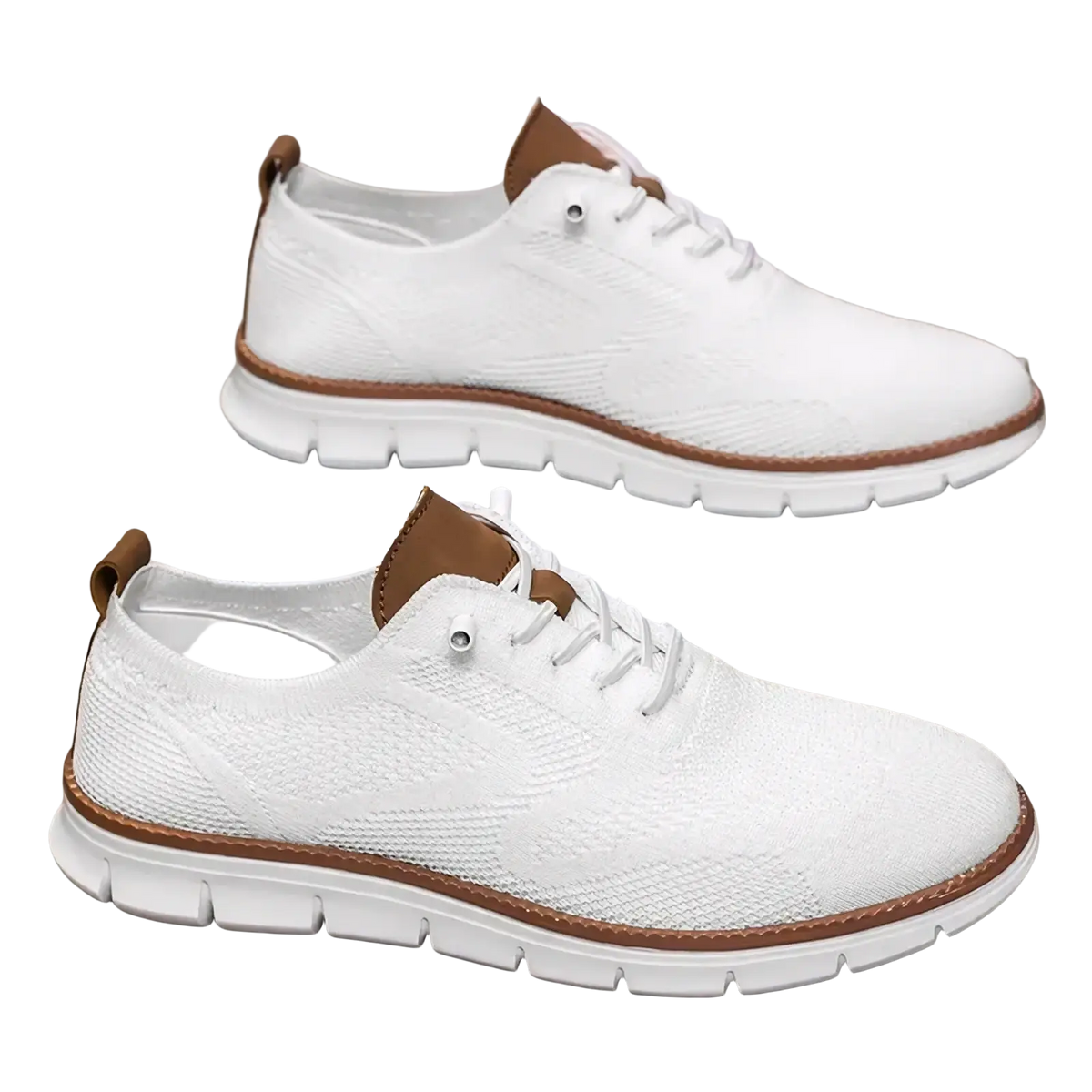 Men casual knit brogue sneakers in white with tan leather accents and a white rubber sole